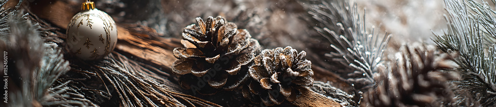 Festive Christmas Ornaments and Pine Cones on Rustic Wood with Snowy Background Festive Christmas Ornaments and Pine Cones on Rustic Wood with Snowy Background