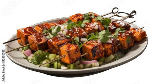 Delicious paneer tikka skewers with spices, capturing the essence of authentic Indian street food, studio view, isolated on transparent background.