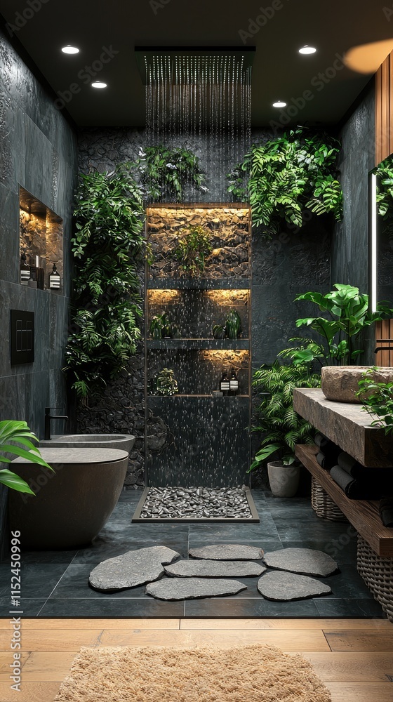 Fototapeta premium Tropical Rainforest Bathroom Oasis: Indoor Plants, Stone Sink & Rain Shower