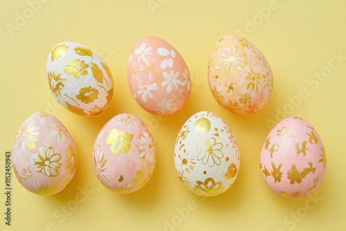 An array of pink and gold eggs on a yellow surface, embellished with floral patterns for an elegant touch. photo