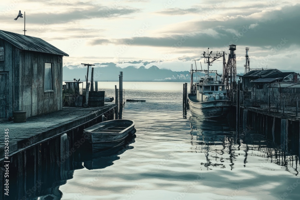 Fototapeta premium A boat is moored at a dock in calm water, suitable for use as a background image or illustration