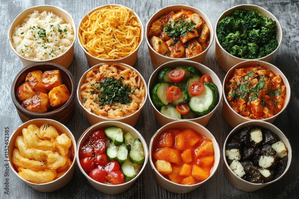 A table filled with diverse bowls of food for various cuisines