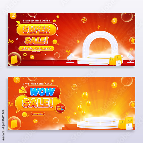 Collection of sales banner template designs with podium isolated on abstract background. Modern sale banner to promote your business