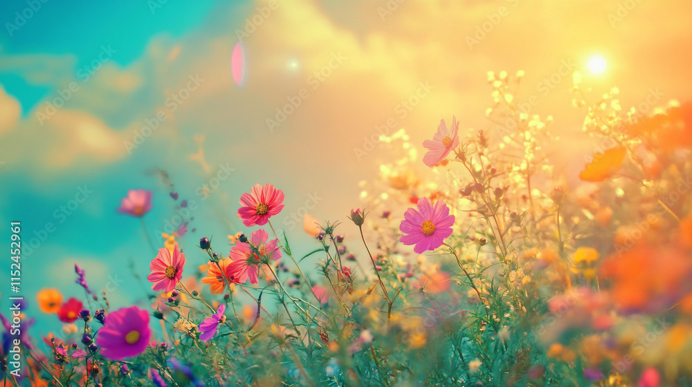 Fototapeta premium A vibrant meadow filled with colorful wildflowers under a warm sun and a clear blue sky creating a joyful atmosphere 