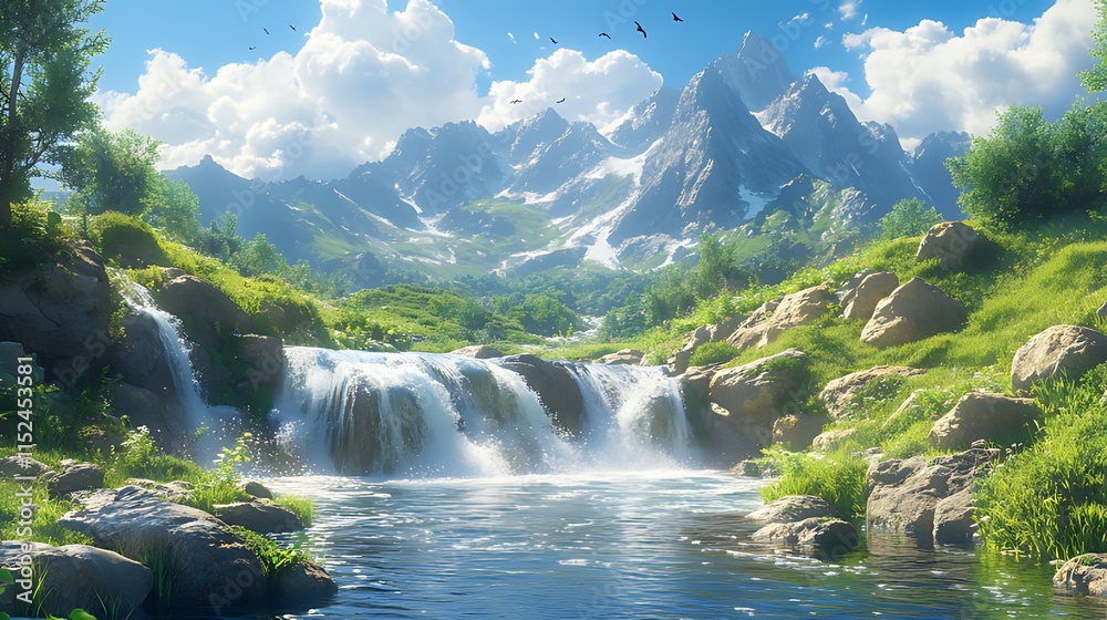 Fototapeta premium Serene mountain waterfall cascading into a pristine river, surrounded by lush greenery under a bright sunny sky.