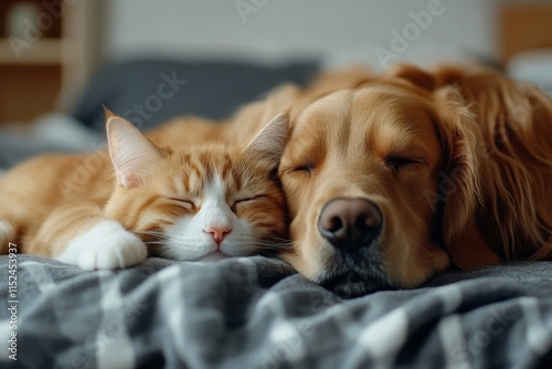 Soft orange cat and golden retriever dog sleep together on a cozy blanket in a warm room during the afternoon