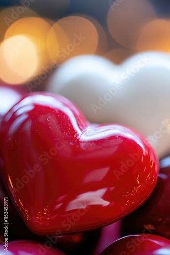 Close up of a heart-shaped candy with shiny surface and sweet treats inside