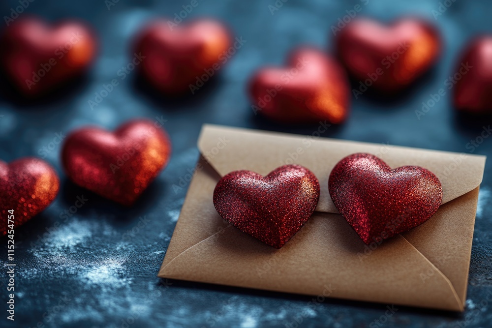 Fototapeta premium A brown envelope with two red hearts on it, often used for love letters or gifts