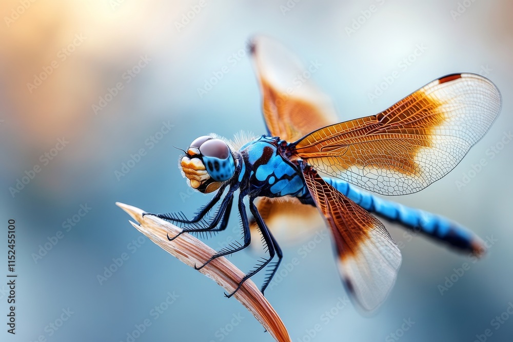 Colorful dragonfly perched on a delicate leaf in the early morning light at a serene natural habitat Colorful dragonfly perched on a delicate leaf in the early morning light at a serene natural habitat
