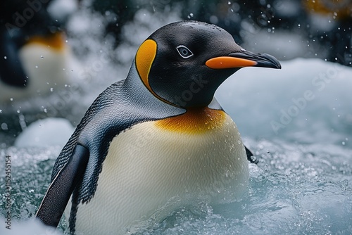 A penguin swims in a pool of water, providing an interesting contrast between the aquatic environment and the terrestrial bird