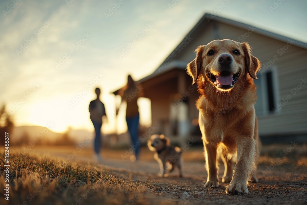 Obraz premium Happy golden retriever and small dog enjoy evening walk with their owners outside a house at sunset
