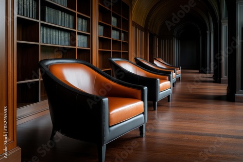 neoclassical library, a beautiful neoclassical library providing an escape from the hectic world, adorned with mahogany bookshelves and cozy seating for quiet reflection photo