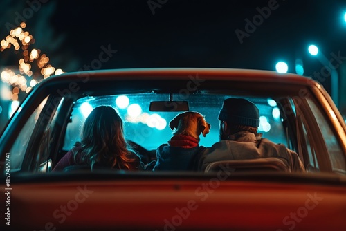 Couple and dog enjoy night drive through a city illuminated by colorful lights photo