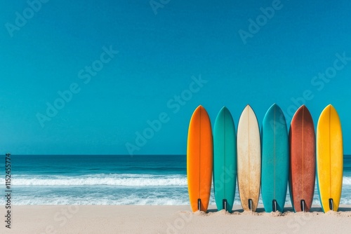 A row of colorful surfboards standing upright on a sandy beach. Generative AI photo