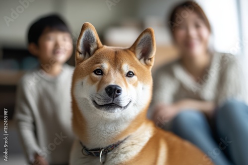 Happy shiba inu dog poses with children in a cozy indoor setting during the afternoon