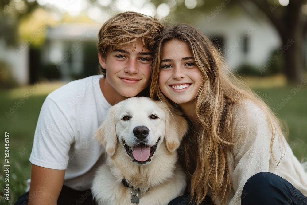Two teenagers smile while sitting in grass with a golden retriever on a sunny day in a suburban neighborhood park Two teenagers smile while sitting in grass with a golden retriever on a sunny day in a suburban neighborhood park