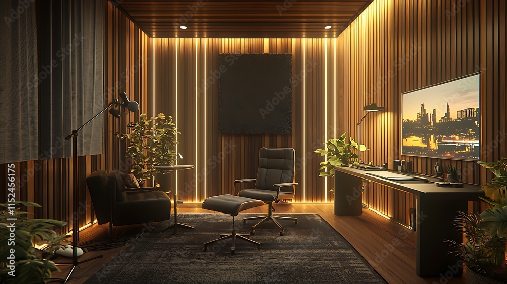 Fototapeta premium Modern Wooden Office Interior Design with Cityscape View