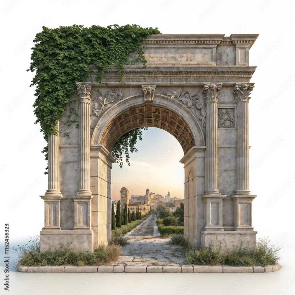 Fototapeta premium A detailed triumphal arch with intricate carvings and ivy, leading to a cityscape. The scene is illuminated by warm, golden light, blending history and modernity.