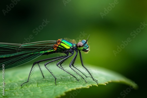 Vibrant dragonfly perched on a leaf in a lush green environment during daylight