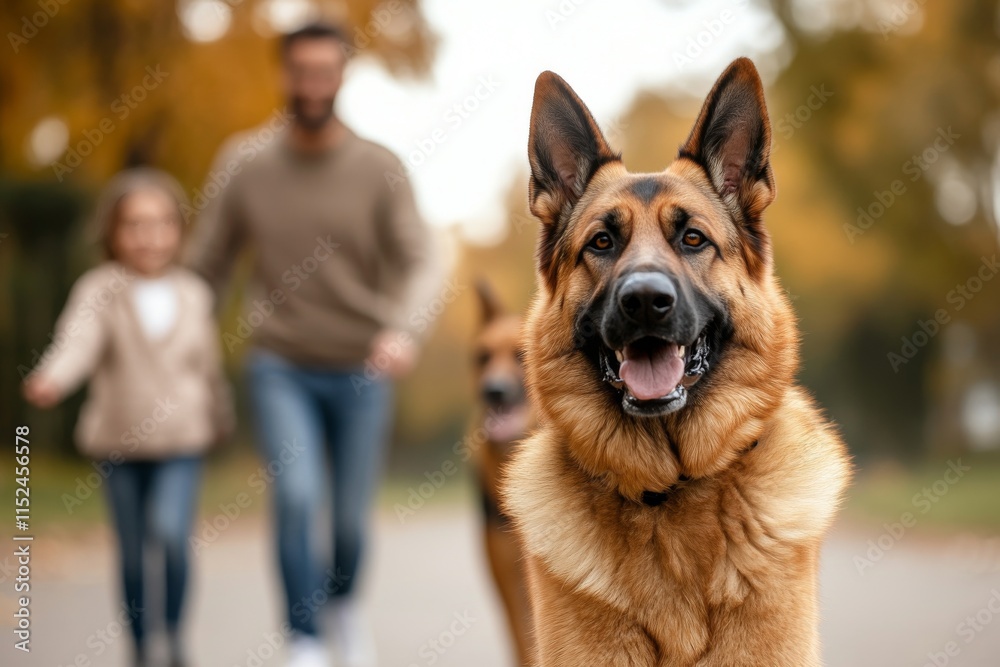 Joyful family walk with German shepherds in a park during autumn foliage Joyful family walk with German shepherds in a park during autumn foliage