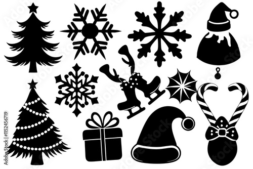 Festive Christmas Silhouettes Set: Santa Hat, Snowflake, Tree, Candy Cane, Reindeer & More