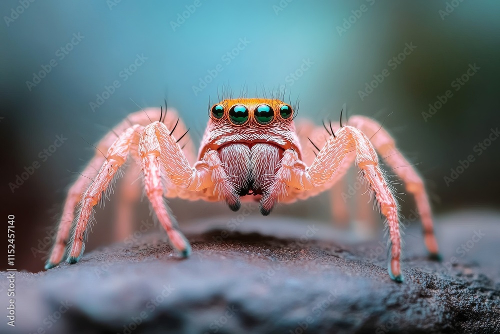Colorful jumping spider perched on a rock against a soft blurred background Colorful jumping spider perched on a rock against a soft blurred background