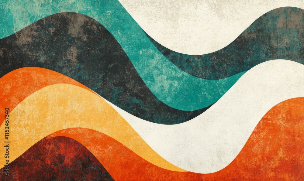 A textured, grainy wave background in orange, teal, white, blue, and black, creating a vibrant design for a music poster. A textured, grainy wave background in orange, teal, white, blue, and black, creating a vibrant design for a music poster.