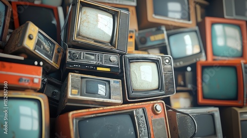 A stack of vintage televisions stands in front of a simple white background. This scene is digitally rendered. photo