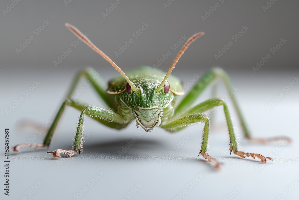 Green insect focuses on the lens while resting on a flat surface Green insect focuses on the lens while resting on a flat surface