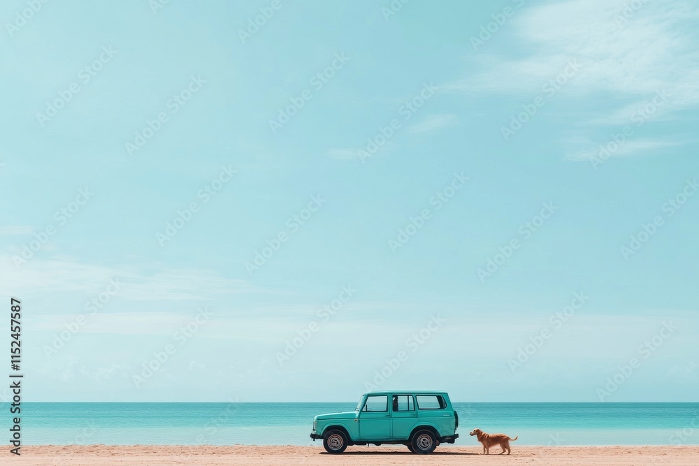 Classic turquoise vehicle parked on a sandy beach with a dog playing in the sunlight near the ocean Classic turquoise vehicle parked on a sandy beach with a dog playing in the sunlight near the ocean