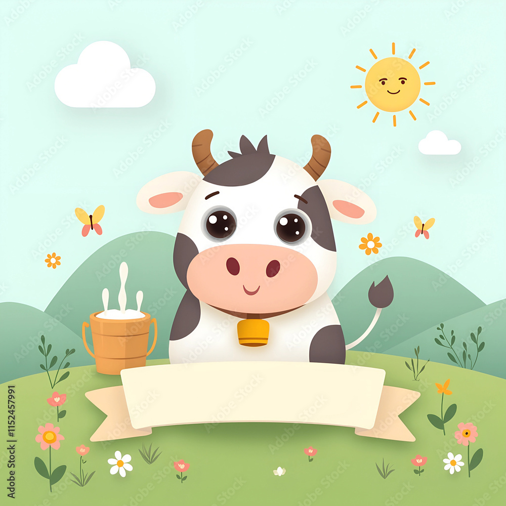 Naklejka premium Cute cartoon cow standing in a sunny meadow with flowers and butterflies while next to a bucket of milk