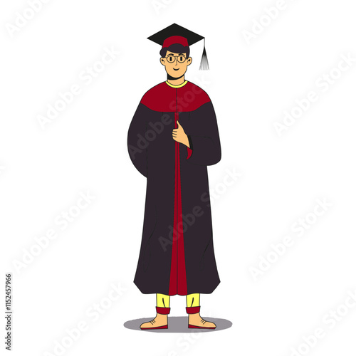 Graduate male student wearing gown and cap showing like. Flat modern vector illustration. Full height character portrait.