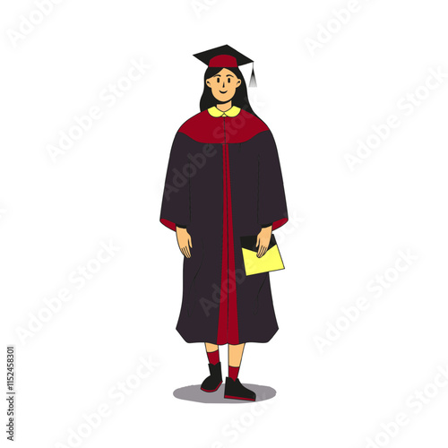 Graduate female student wearing gown and cap holds envelope. Flat modern vector illustration. Full height character portrait.