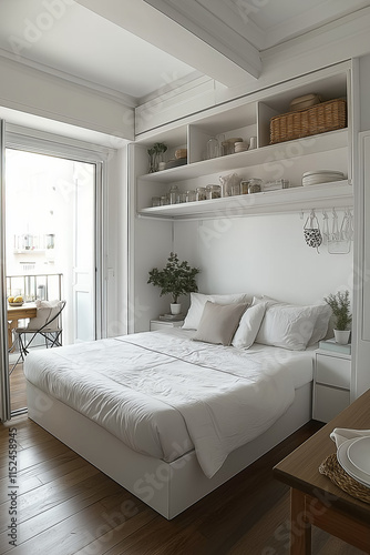 Photographie d’un studio étudiant au design minimaliste, équipé d’un lit escamotable, d’une table à manger pliable, de murs blancs épurés, et de rangements intégrés, espace de vie fonctionnel photo