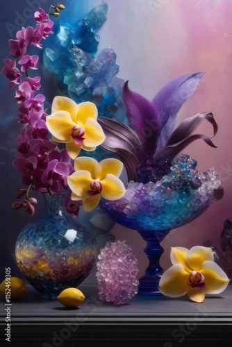 Vibrant orchids in glass vases with colorful crystals and lemons on soft pastel background. Perfect for floral, home decor, or interior design themes. Bright, elegant, and artistic composition.
