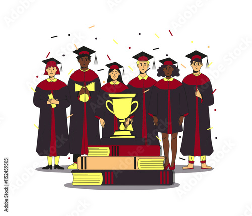Group of multiethnic students wearing gown and cap at graduation ceremony. Golden goblet on a pile of books and confetti around. Flat modern vector illustration. Full height characters.