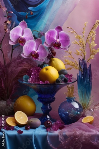 Vibrant orchids in glass vases with colorful crystals and lemons on soft pastel background. Perfect for floral, home decor, or interior design themes. Bright, elegant, and artistic composition.
