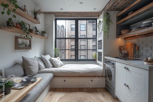 Photographie d’un studio étudiant au design minimaliste, équipé d’un lit escamotable, d’une table à manger pliable, de murs blancs épurés, et de rangements intégrés, espace de vie fonctionnel photo