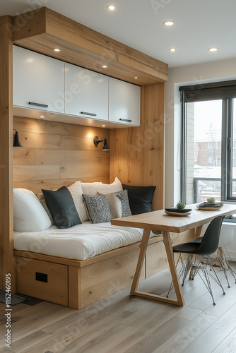 Photographie d’un studio étudiant au design minimaliste, équipé d’un lit escamotable, d’une table à manger pliable, de murs blancs épurés, et de rangements intégrés, espace de vie fonctionnel photo