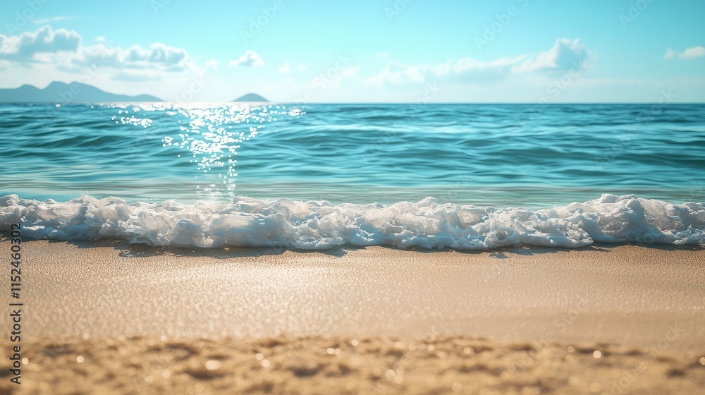 Serene beach scene with gentle waves and bright blue sky Serene beach scene with gentle waves and bright blue sky