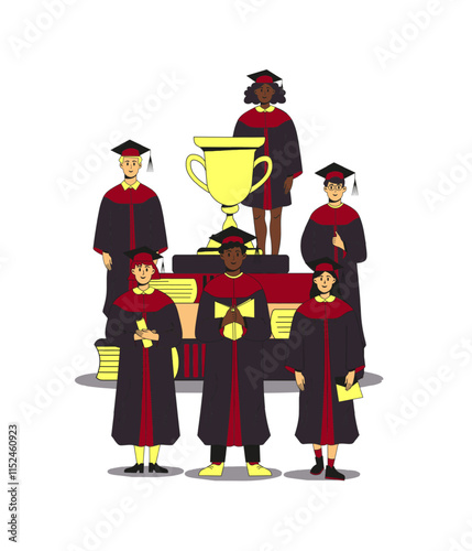 Group of multiethnic students wearing gown and cap at graduation ceremony. Golden goblet on a pile of books and confetti around. Flat modern vector illustration. Full height characters.