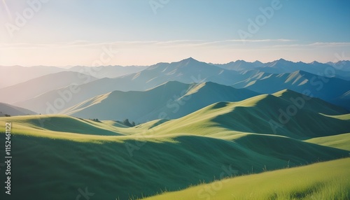 Paisaje montañoso escénico con capas de tonos azules, colinas cubiertas de frondosos bosques verdes y picos distantes visibles a través de la atmósfera brumosa photo