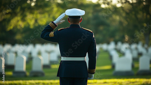 Soldier in formal uniform saluting toward a sunlit military cemetery with white tombstones in neat rows
