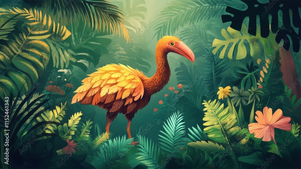 Obraz premium Golden Bird in Lush Tropical Paradise: A Vibrant Digital Painting of Exotic Avian Life