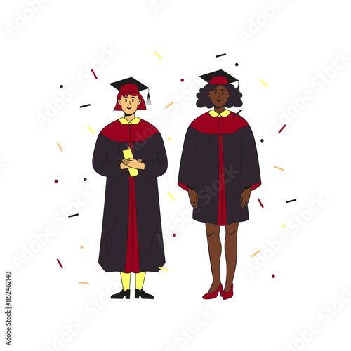 Two multiracial female students wearing gown and cap at graduation ceremony standing in on the scene. Confetti flying around. Flat modern vector illustration. Full height characters.