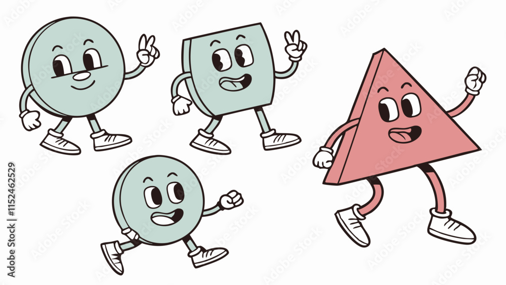 Set of Various bright basic Geometric Figures with face emotions, hands and legs. Different shapes. Hand drawn trendy Vector illustration for kids. Cute funny characters. All elements are isolated Set of Various bright basic Geometric Figures with face emotions, hands and legs. Different shapes. Hand drawn trendy Vector illustration for kids. Cute funny characters. All elements are isolated