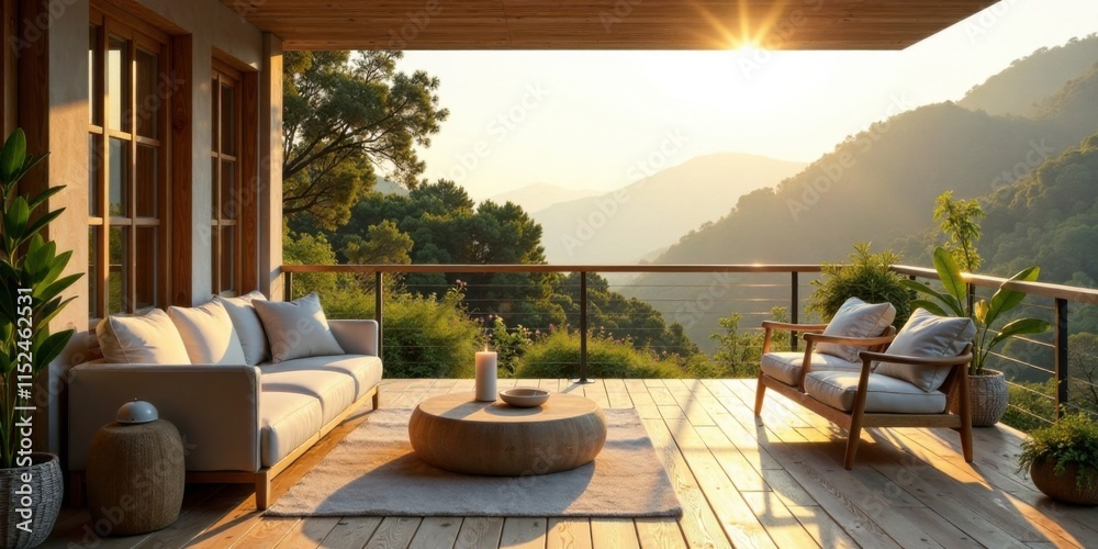 Fototapeta premium Serene Mountaintop Patio Sanctuary at Sunset, Featuring Comfortable Outdoor Furniture and Breathtaking Views