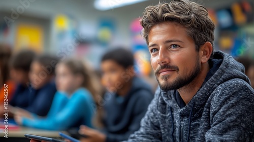 Bright classroom filled diverse students using tablets and smartboards for interactive learning their teacher facilitating creative projects in a techrich environment photo