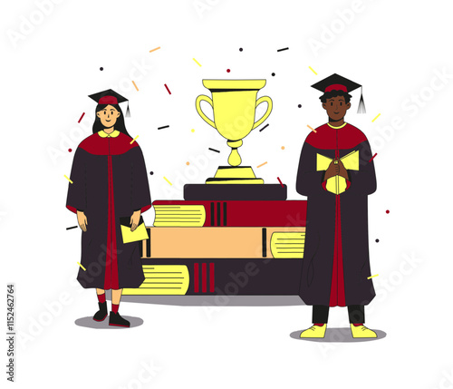 Couple of multiethnic students wearing gown and cap at graduation ceremony. Golden goblet on a pile of books and confetti around. Flat modern vector illustration. Full height characters scene.