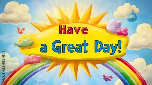 Have a Great Day! Cheerful Sun, Rainbow, and Clouds Illustration
